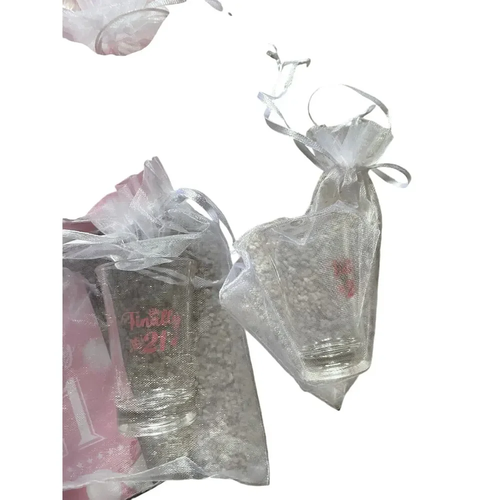 21 Yr Old Birthday Shot Plastic Glasses Party Favors and Happy Birthday Pink pin